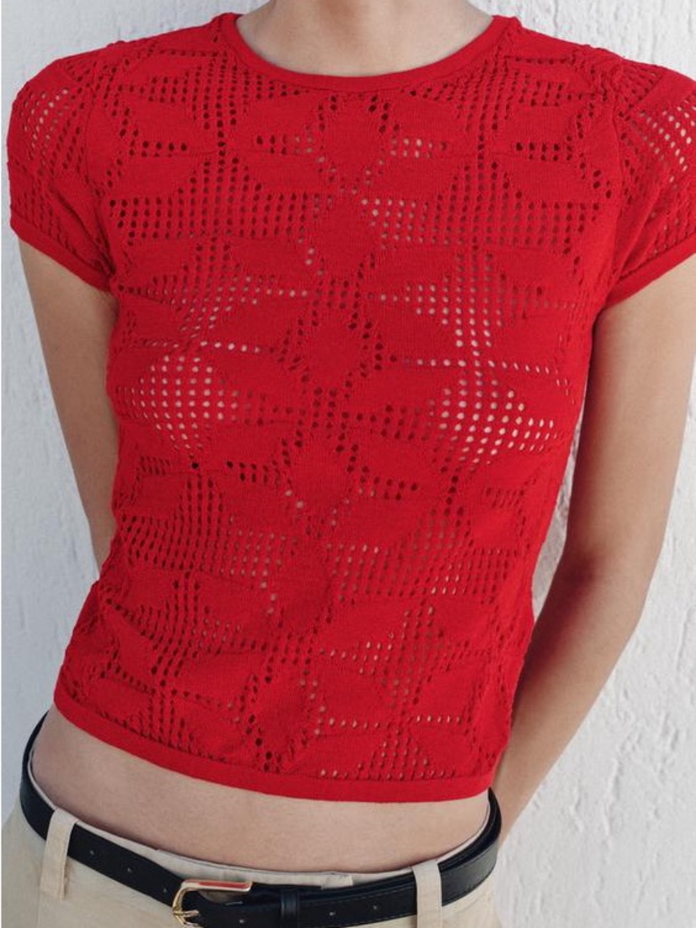 Zara Red Crochet Short Sleeve Crop Top
